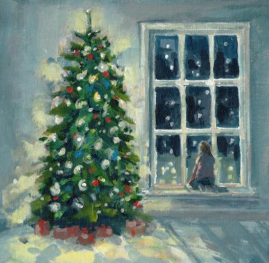 Irish fine art card | Polly Gribben | Christmas tree with little girl | Snow falling | Christmas glow | Window view at Christmas 