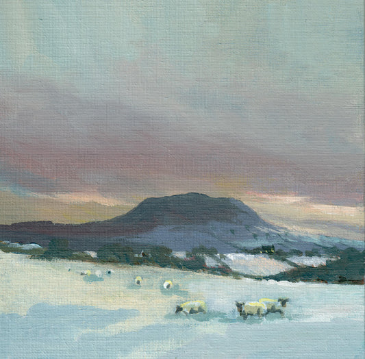 Slemish in the snow | pastoral sheep scene | Christmas card of Slemish | Polly Gribben