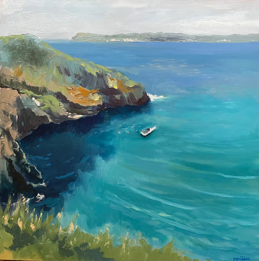 Irish landscape oil painting | Clear waters, Carrick-a-Rede | Polly Gribben